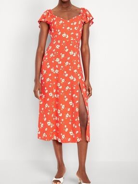 Old Navy Flutter Sleeve Crepe Midi Dress Red Floral NWT